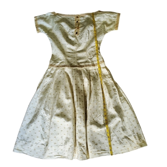 Vintage Handmade 50s Cream & Gold Greek Key Reverse Pleated Day Dress - Picture 7 of 10
